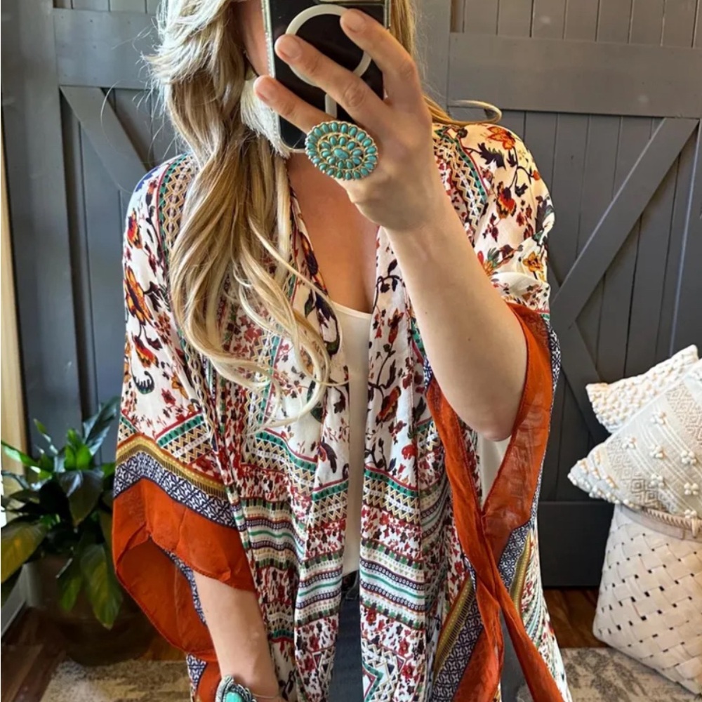 New Boho Lightweight Cardigan Kimono Top Fringe Hem Cotton Beach Denim Cover Up - Picture 9 of 11
